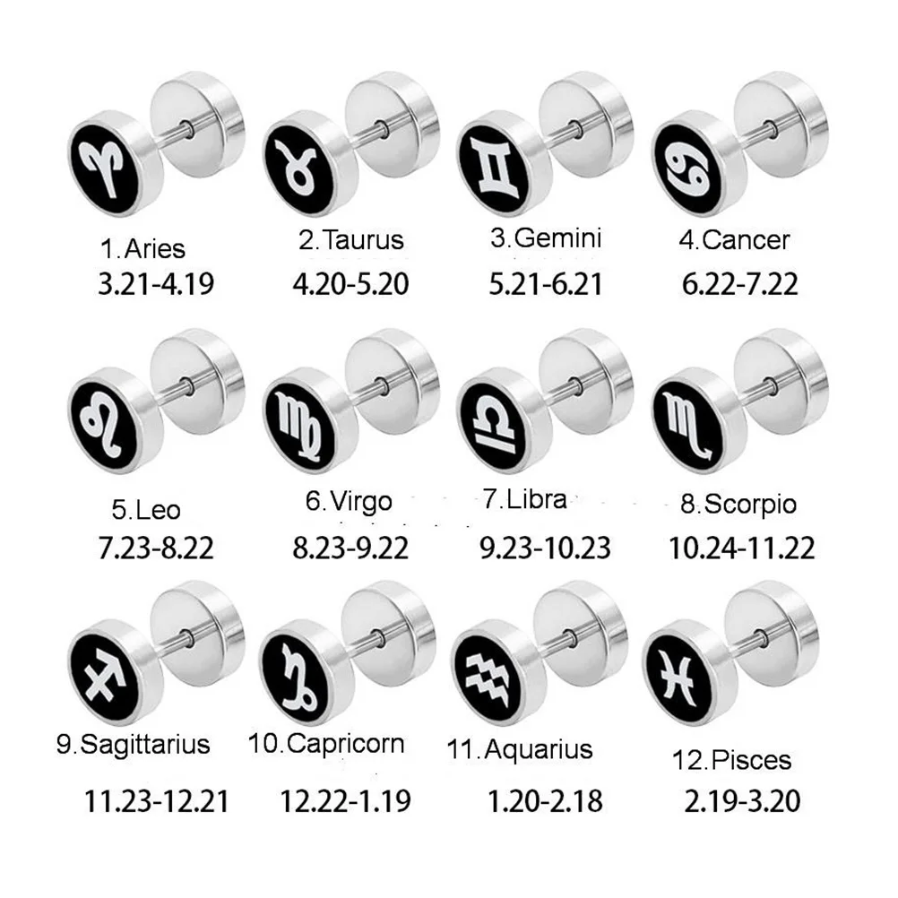 

1Pair Fashion Stainless Steel Screw Earrings Zodiac Sign Decoration Easy Wear Off Celebration Birthday Party Gift