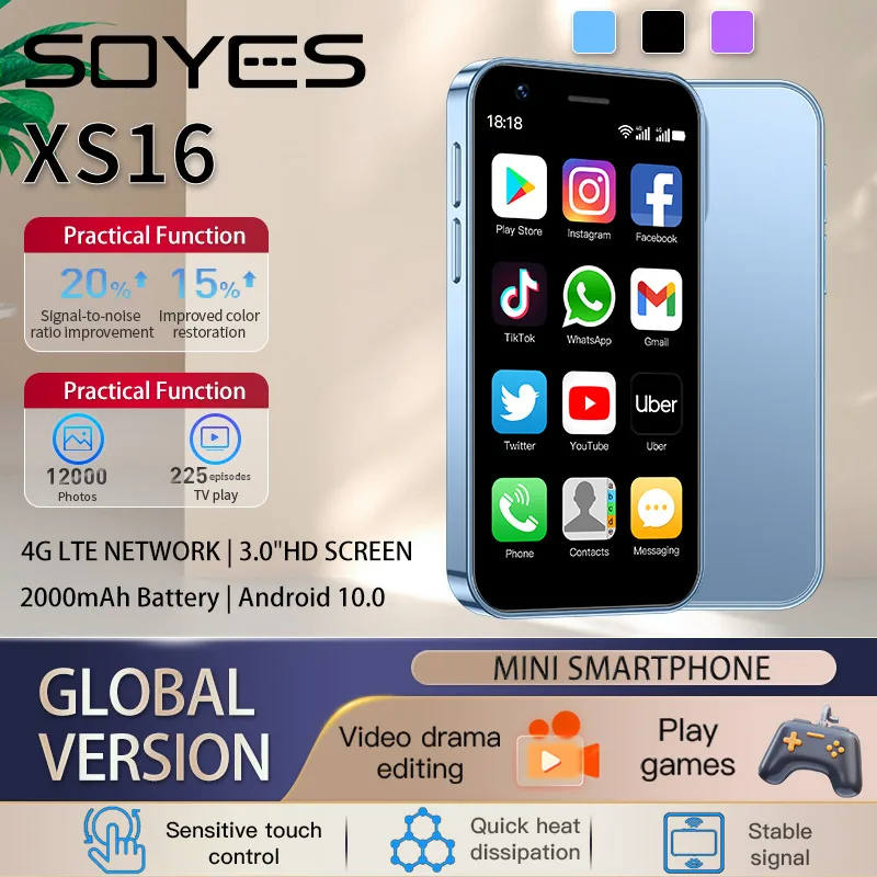 SOYES XS16 Mini Smartphone | 3-inch | Dual SIM Dual Standby | 2GB+16GB/3GB+64GB | Facial Recognition Multi Color Small Phone