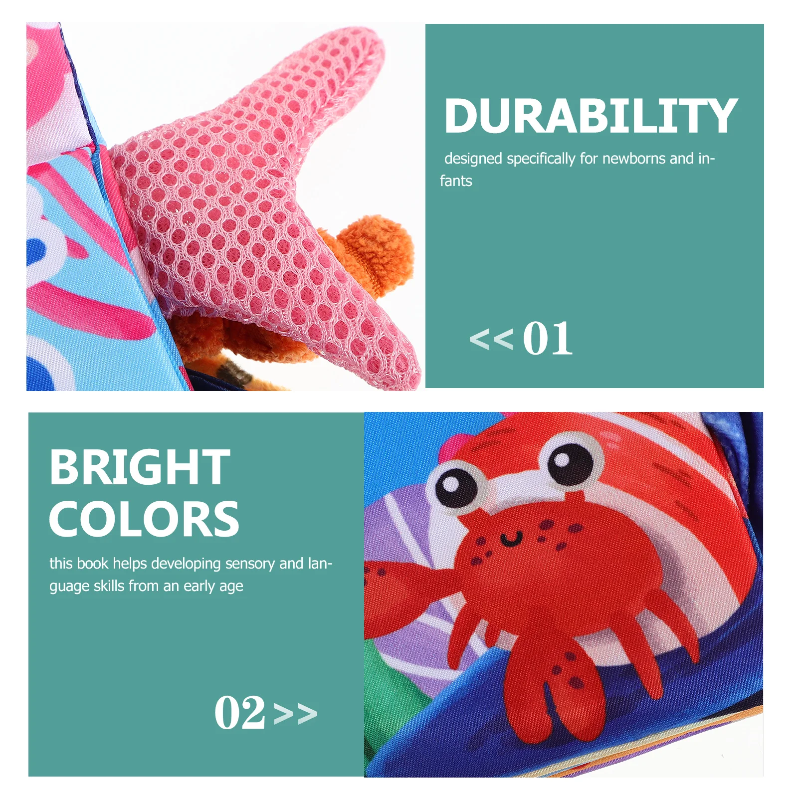 Libro di stoffa increspata per bambini Tema oceano Tessuto morbido Design della coda 3D Sviluppo sensoriale Libro da bagno per attività infantile Neonato precoce