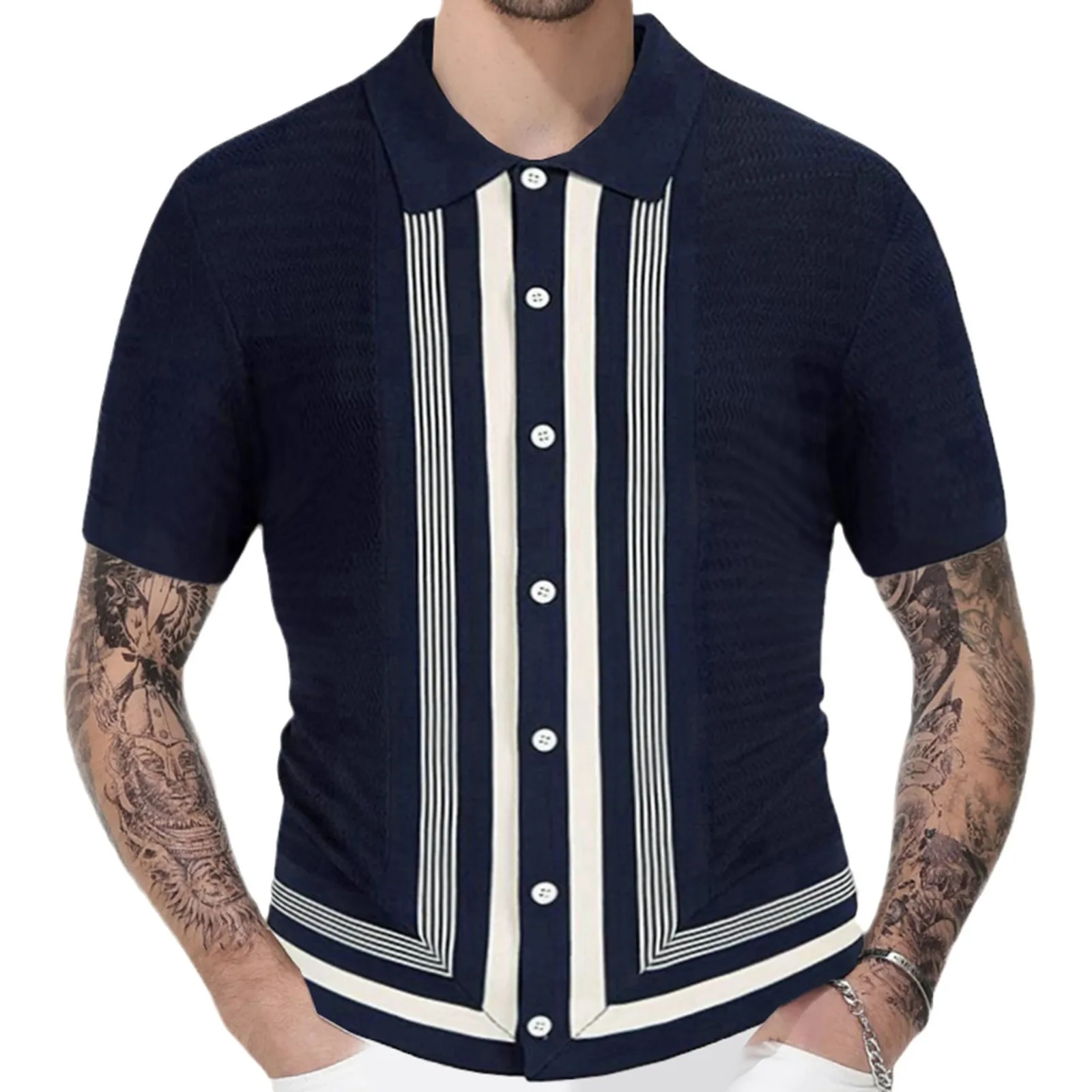 High Quality Men Summer New Striped Lapel Single-breasted Knitwear Light Luxury Casual Business Fashion Short-sleeved Polo Shirt