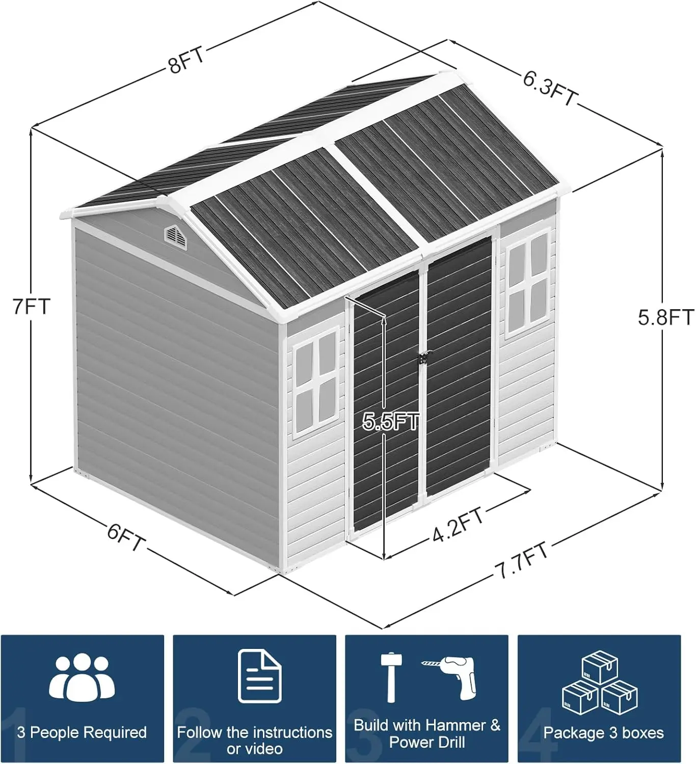 8x6x7 FT Resin Storage Sheds with Floor Windows Inlcuded, Waterproof Plastic Outdoor Shed Kit, Large Outside Tools Sheds