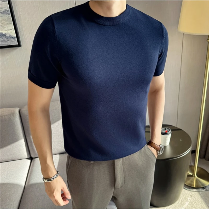 

Autumn Winter Solid Color Round Neck Knitted T-shirt for Men Slim Fit Short Sleeve Casual Business T-shirts Men Clothing