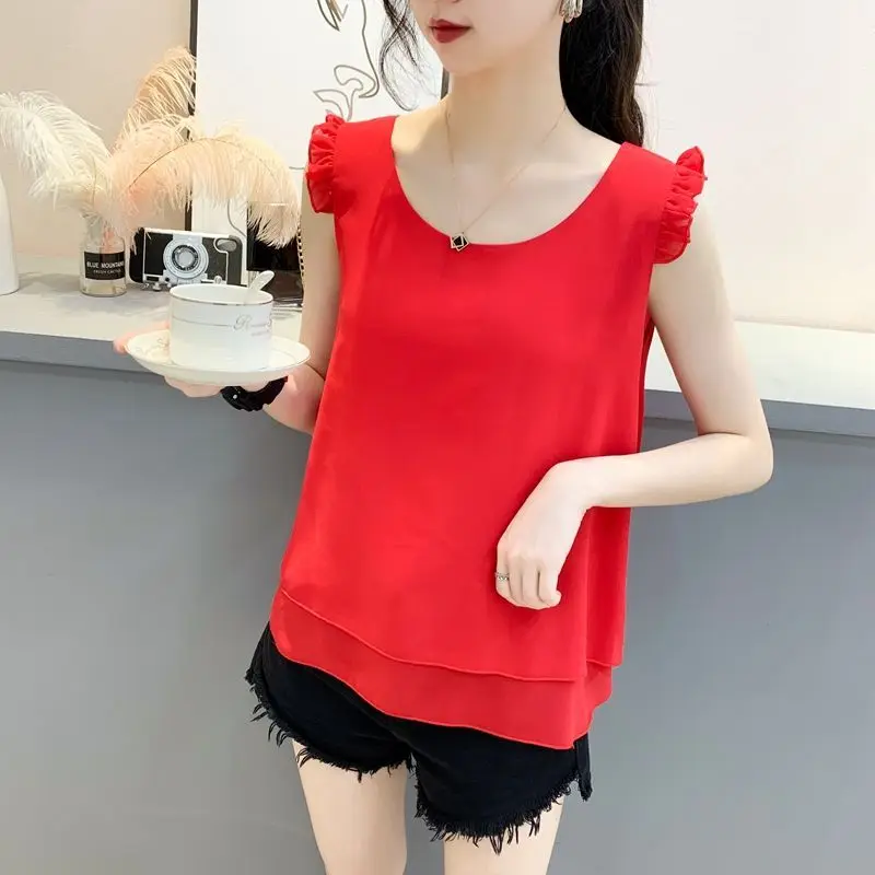 Korean Style Women Chiffon Blouse Shirts Solid Color Sleeveless Female Vest Basic Tops