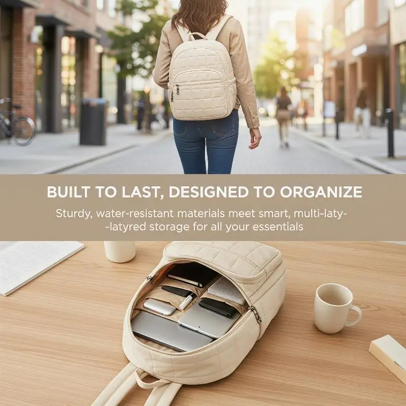 Large Capacity Laptop Backpack Waterproof Quilted for Everyday School Essentials