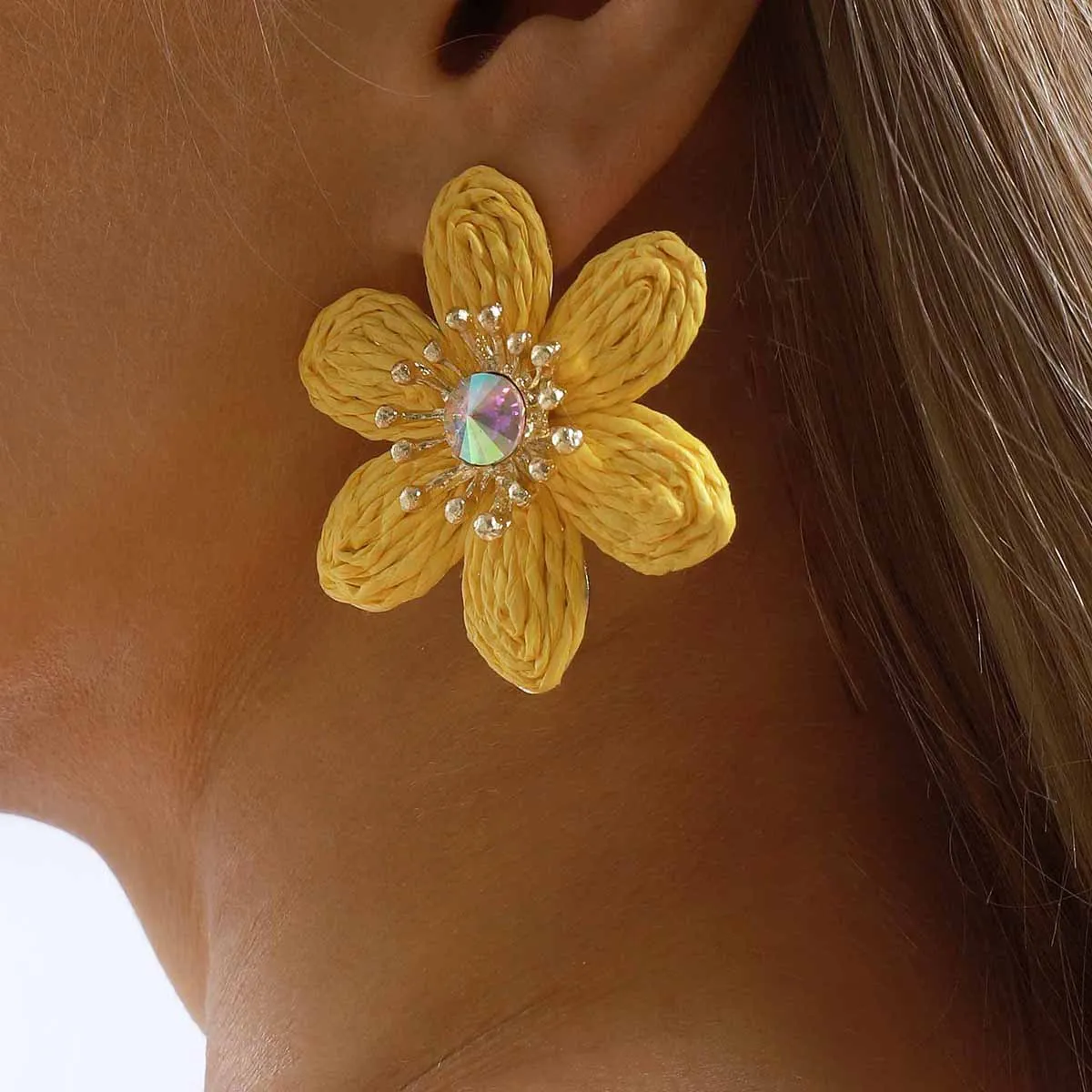 Oversized Yellow Woven Flower Stud Earrings With Sparkly Crystal Center For Women Cute Floral Jewelry Summer Beach Accessories