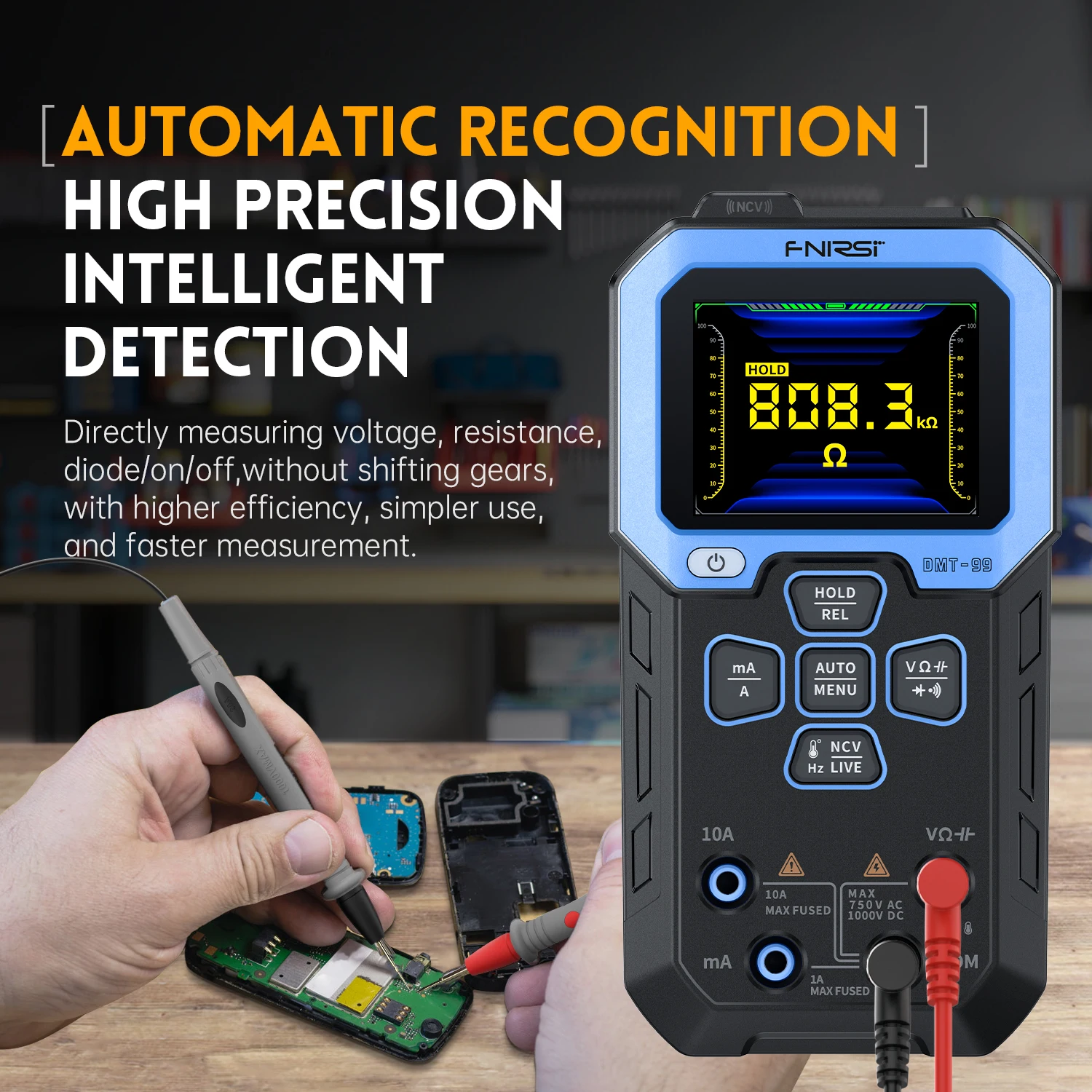 Imagem -02 - Multímetro Digital True Rms 10000 Contagens Capacitância de Resistência Freqüência Temperatura Tensão Atual Ncv Tester Fnirsi-dmt-99