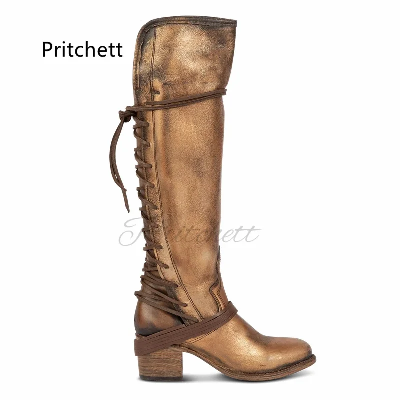 Dark Brown Chunky Heel Knight Boots for Women Leather Back Lace Up Vintage Western Cowboy Boots Women\'s Shoes Knee High Boots