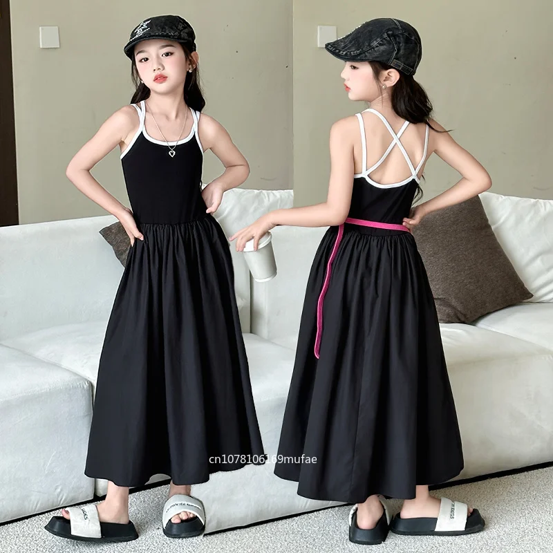 Vestidos longos de verão para meninas adolescentes, design francês, roupas femininas infantis, vestido de praia preto com recortes, roupas infantis de 4 a 14 anos