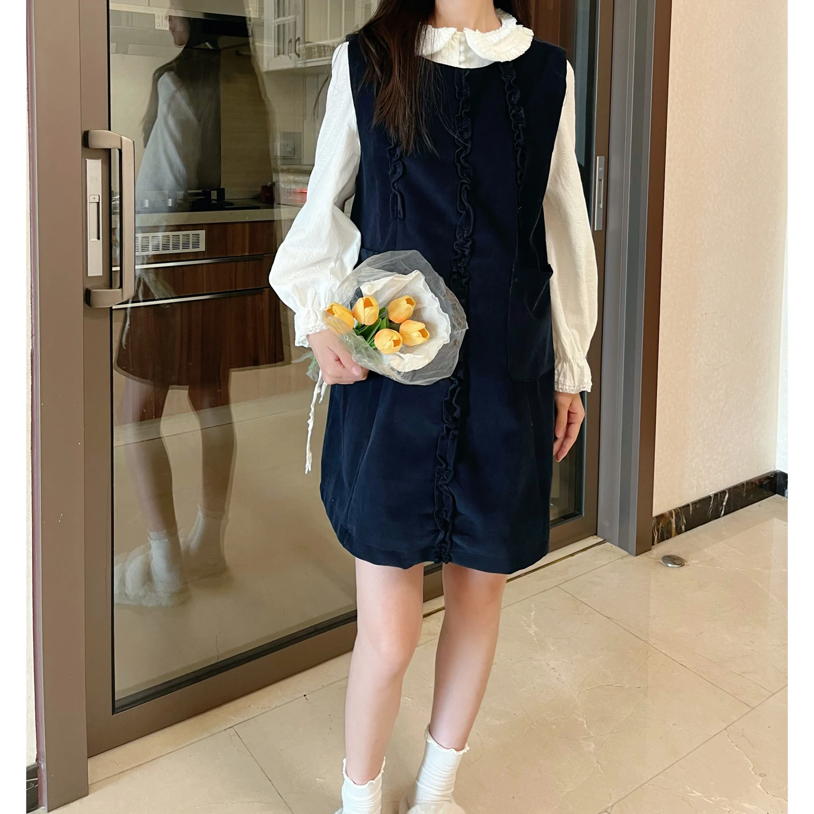 아일린 빈티지 베스트 스커트 숏 플래드 루즈 스윗 유스풀 드레스 코듀로이 작은 체형 여성용 레트로 스타일 라운드넥 드레스