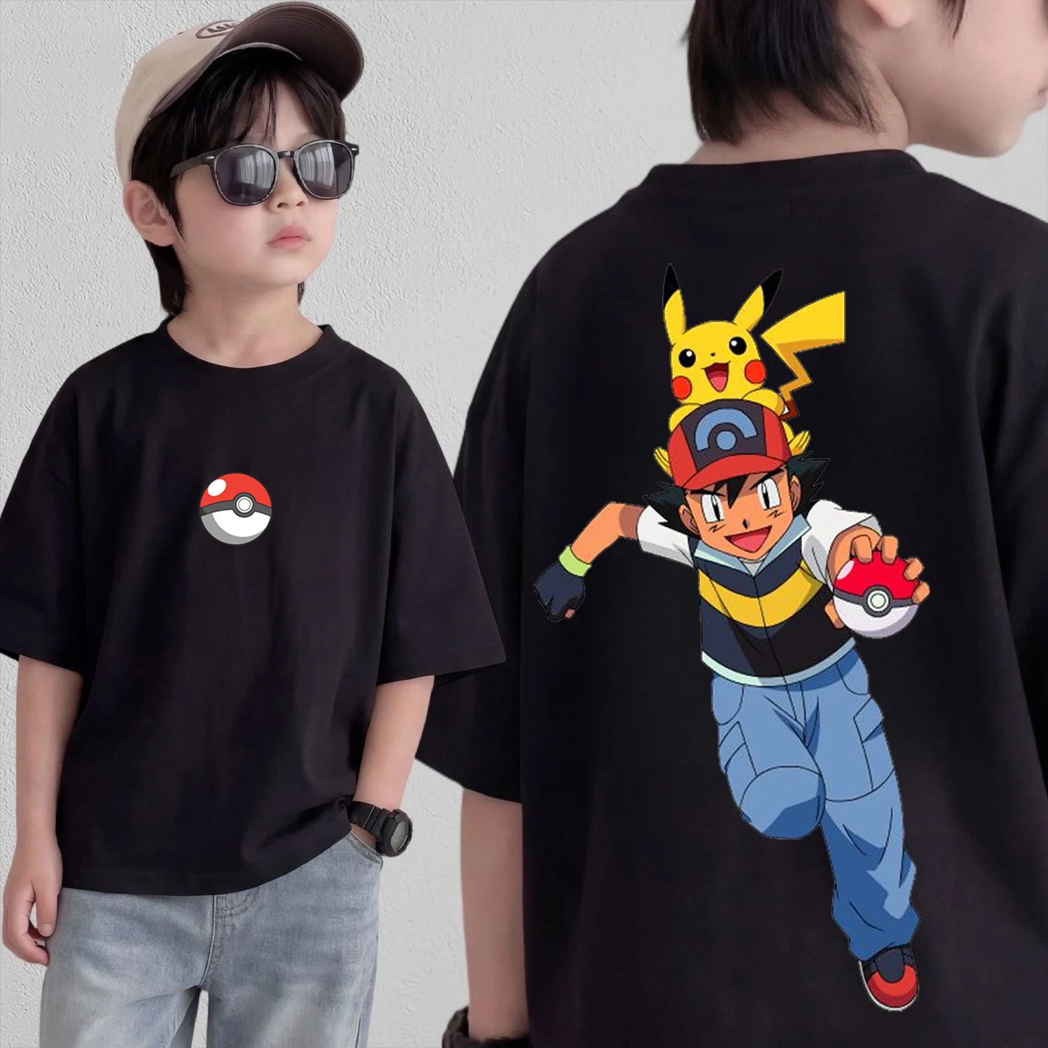 

Летняя футболка для косплея в стиле аниме Pokémon, хлопковые топы с короткими рукавами, повседневная свободная футболка в стиле ретро для мужчин, женщин и детей, одинаковые комплекты для всей семьи