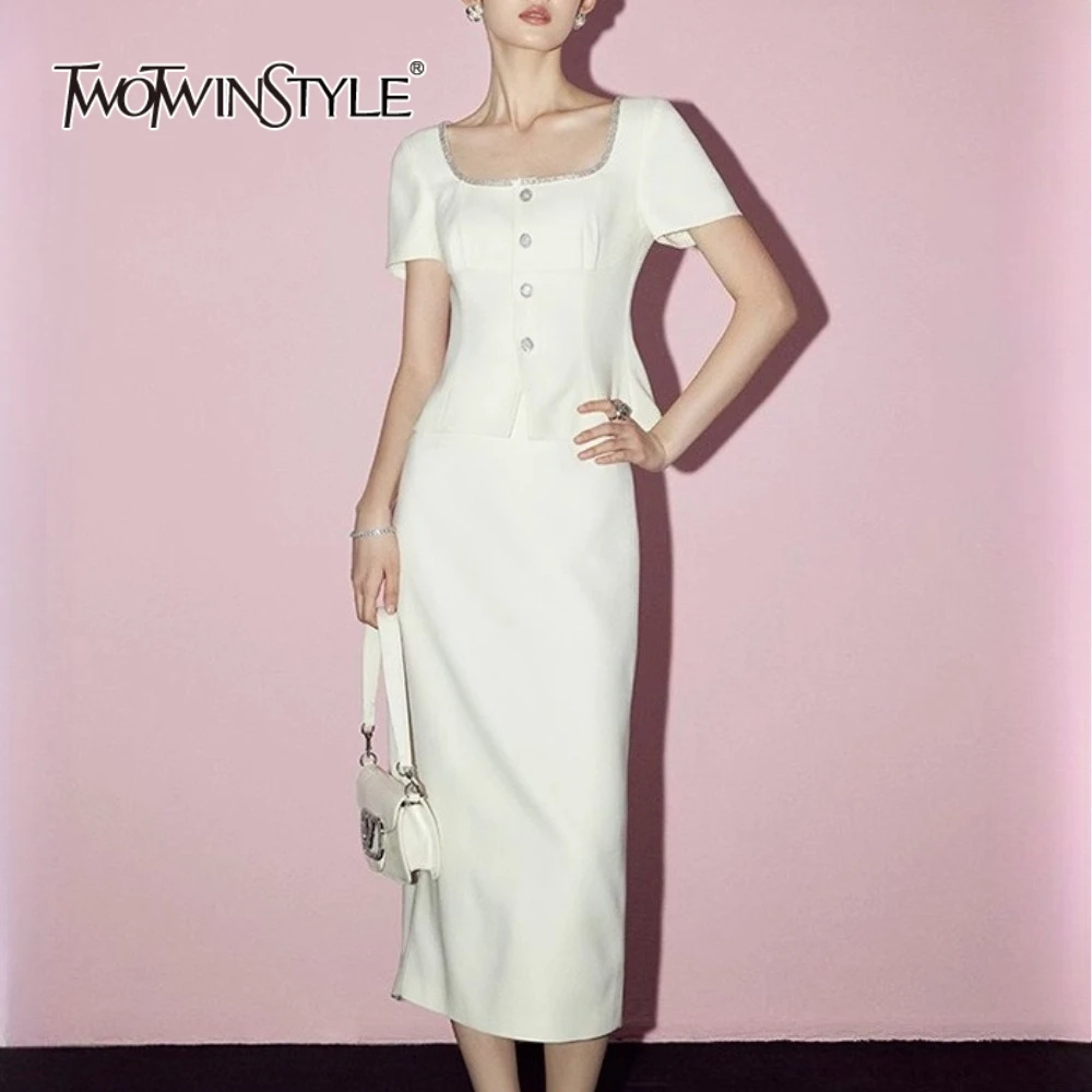 

TWOTWINSTYLE Solid Minimalist Two Piece Sets for Women Square Neck Short Sleeves Spliced Bead Top High Waist Skirt Set Female