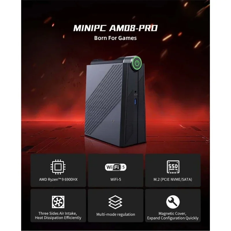 2023 New AM08 PRO Gaming MINI PC Computer Ryze n 9 6900HX DDR5*2 4800Mhz 32G/64G 512G 1TB M.2 2280 NVME/ NGFF Stand Up Mini PC