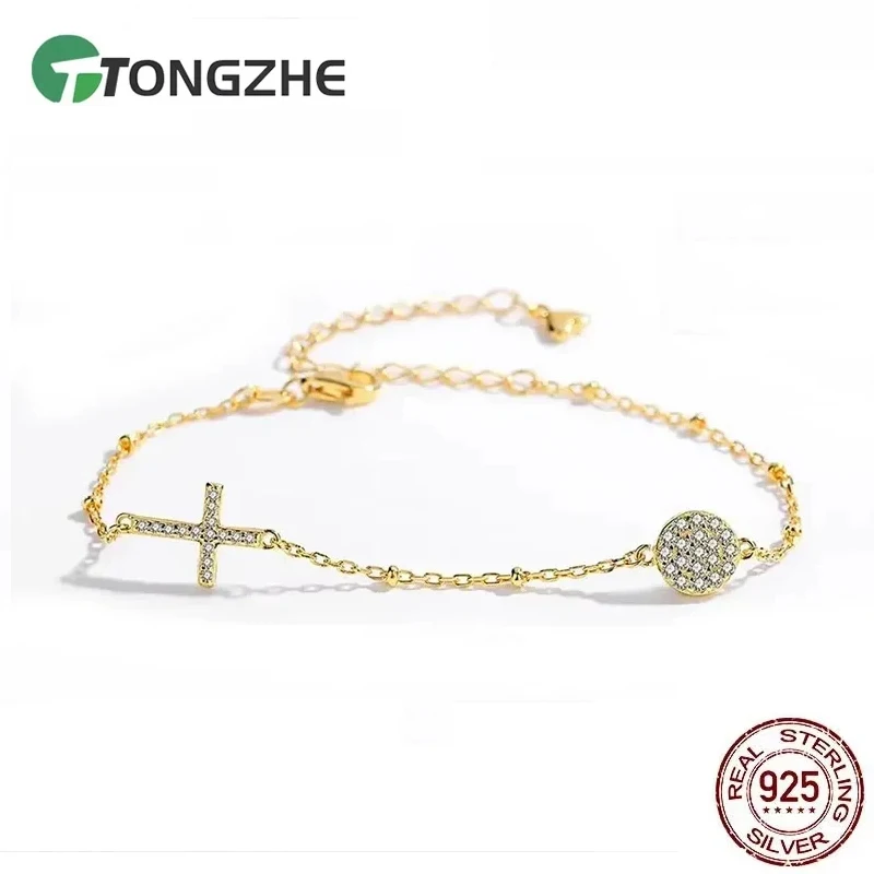 

Браслет TONGZHE «Злой глаз» с крестом, христианский, из стерлингового серебра 925 пробы, ювелирное украшение, браслеты «Счастливый глаз» для женщин, цепочка с бусинами CZ S925, KLTB071