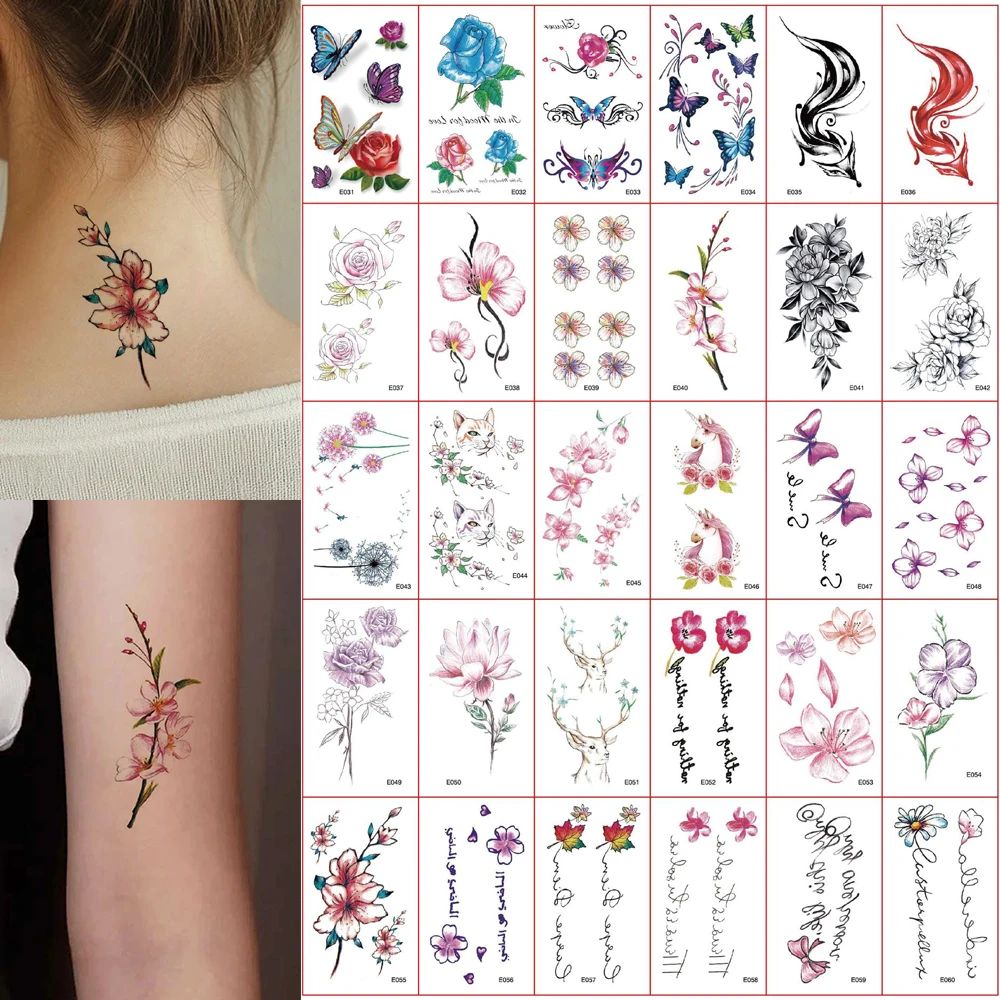 

30pcs Women Flower Hand Tattoo Waterproof Wolf Floral Butterfly Temporary Tattoos Body Art Disposable Fake Tattoo Stickers