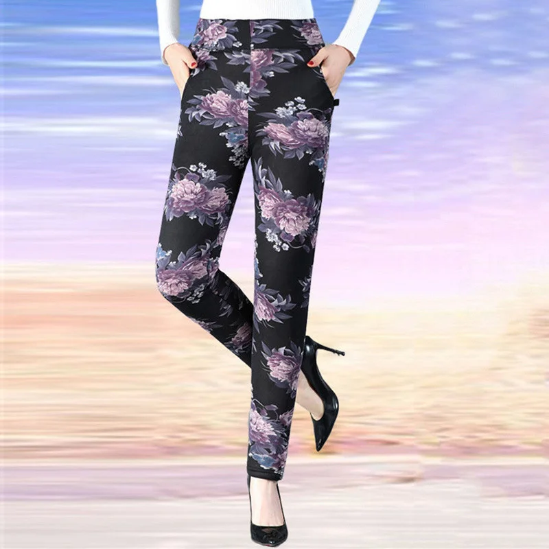 2022 Autumn Winter Plush Thick Warm Women Casual High Waist Cotton Trousers Vintage Floral Print Slim Pants Pantalones Mujer 4XL