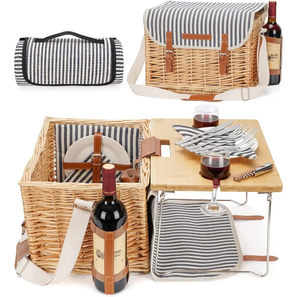 

Wicker Picnic Basket for 2 with Detachable Table, Elasticated Wine Holder