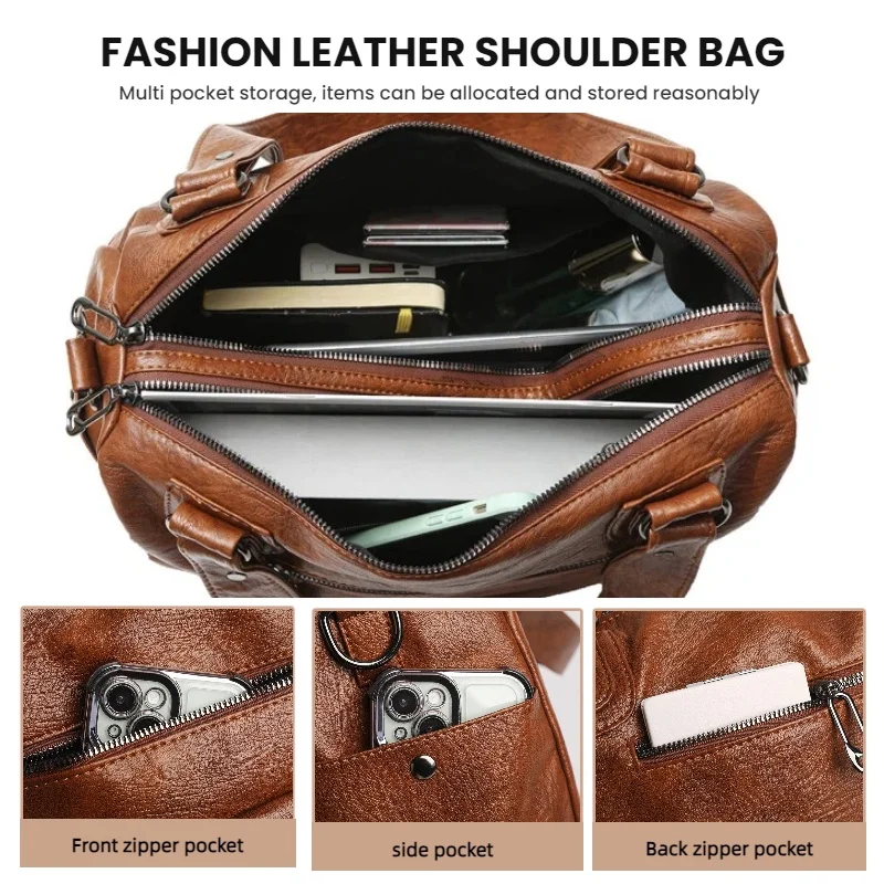 Modische Damen-Umhängetasche aus weichem Leder, große Kapazität, mehrere Außentaschen, abnehmbarer Riemen, Crossbody-Handtasche für den Alltag – Detail 9