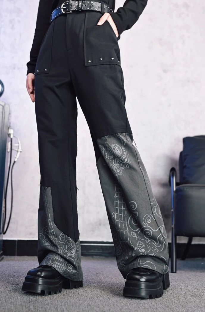 Temperament New Chinese High Waist Gothic Irregular Printed Bootcut Pants Girl Spring Autumn Retro Punk Riveted Slim Pantses