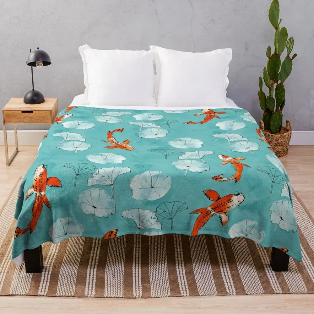 

Waterlily koi in turquoise Throw Blanket Luxury Designer Shaggy Bed Fashionable Blankets