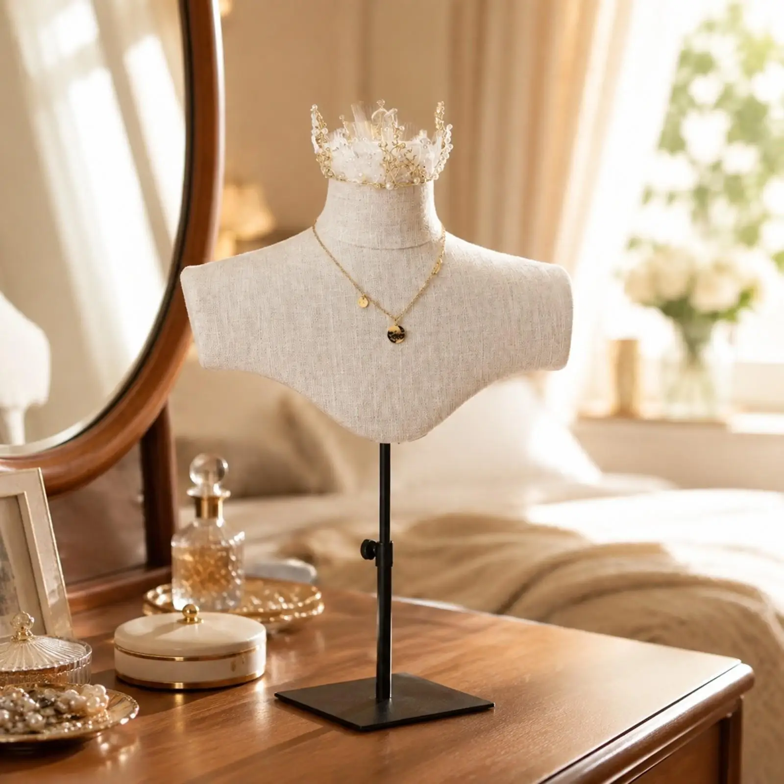 Tabletop Necklace Display Stand with Fabric Bust Multifunctional Jewelry Bust Stand with Metal Base Sturdy Soft Surface