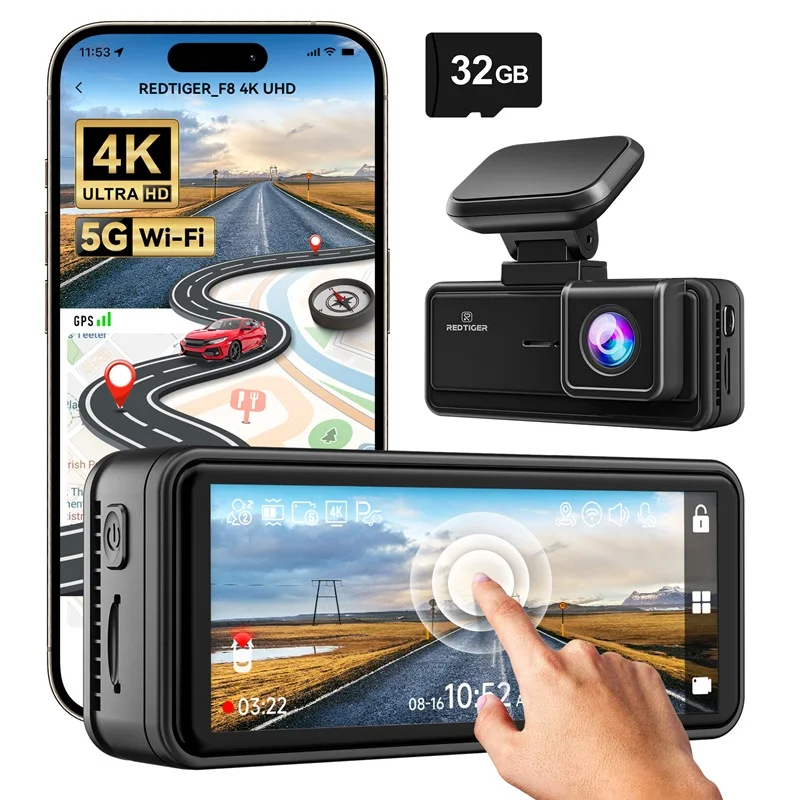 Redtiger F8 Touch Screen 4k Gps Wifi Mini Car Video Recorder Front Dash Cam Camera