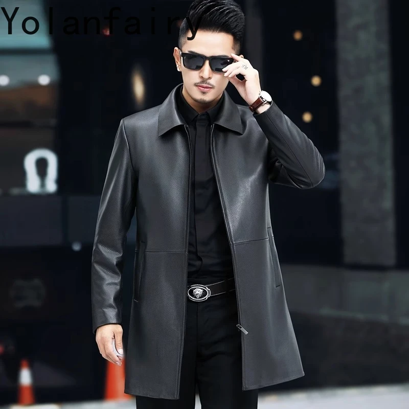 YOLANFAIRY High Quality Genuine Sheepskin Man Leather Jacket Casual Business Mid-length Real Leather Jackets Lapel Trench Coat