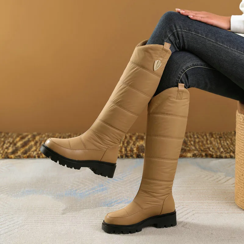 Women's Knee High Snow Boots Winter Down Padded Warm Platform Boots Waterproof Non-slip Thick Sole Outdoor Cotton Shoes