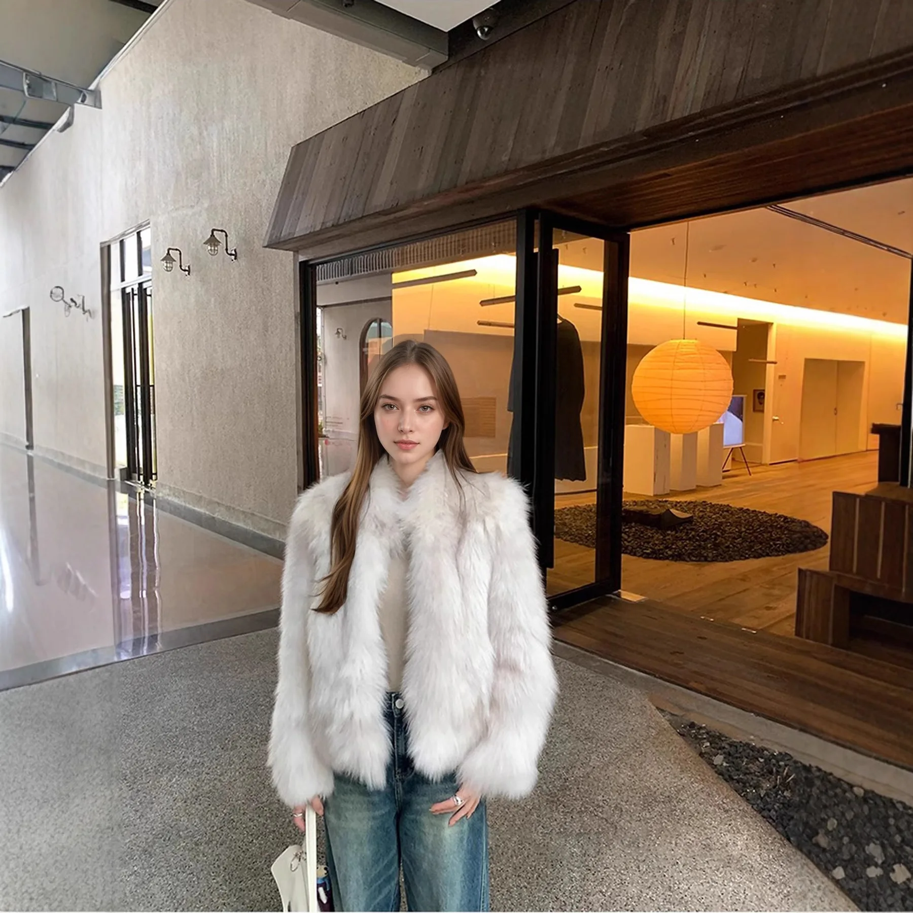 Faux Fox Fur Short Women Coats Solid Jackets Thick Long Sleeve Stand Collar Covered Button Straight Casual 2025 Autumn Winter