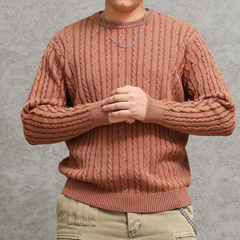 Amekaji Pure Cotton Wire round Neck Pullover Cable-Knit Sweater Long Sleeve Dyed Retro Casual