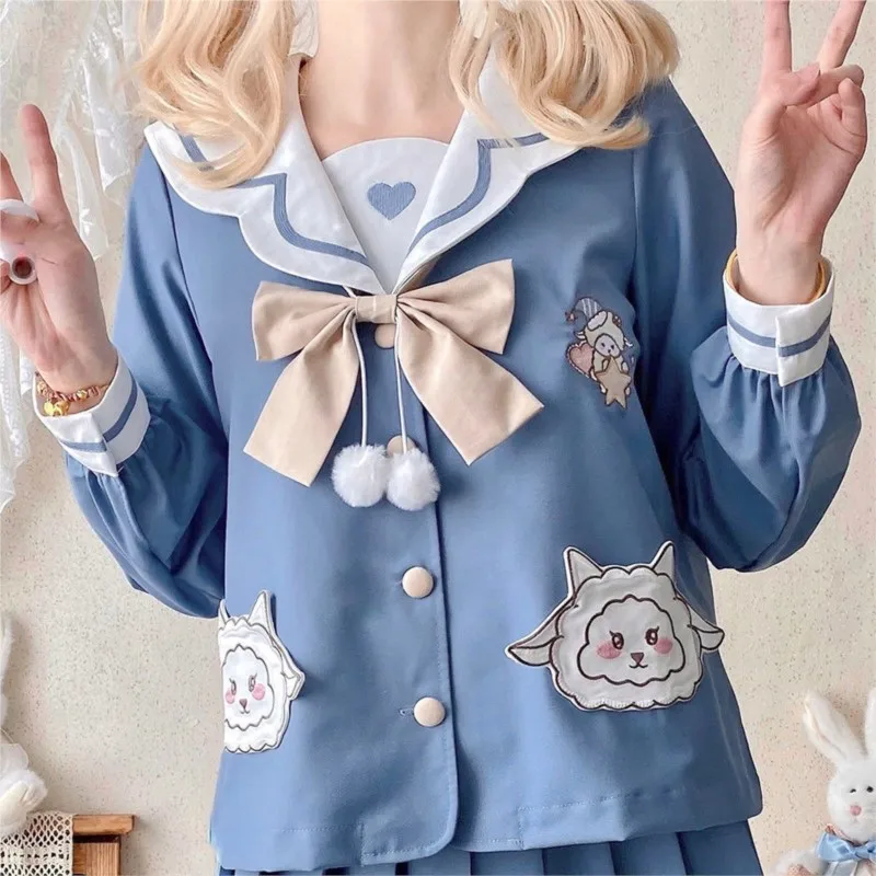 Women blue jk uniform spring long/short sleeved sailor suit Schoolgirls Sailor Tie Pleated Skirt Outfit cute Anime COS Costume