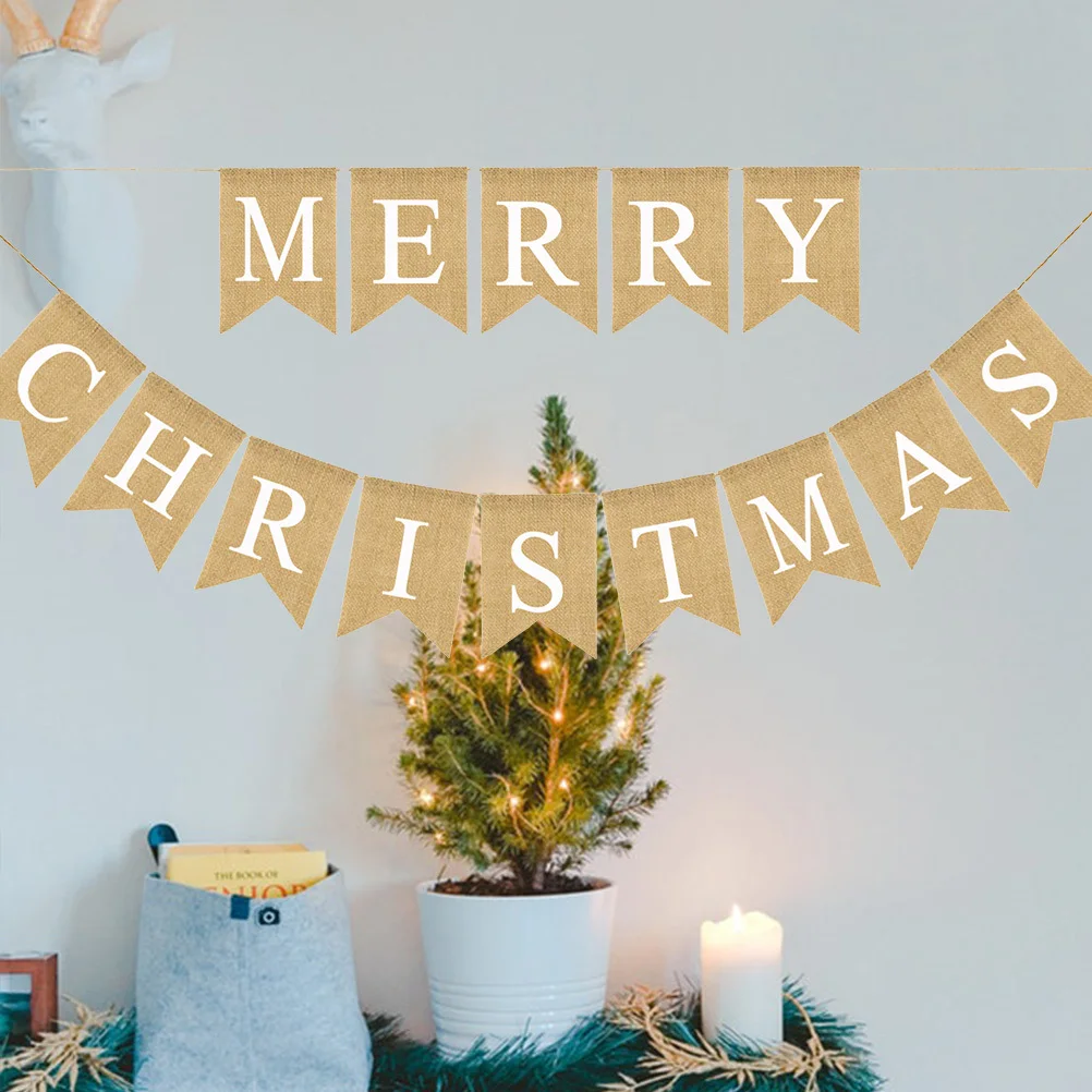 

Merry Christmas Letter Bunting Banner Linen Burlap Swallowtail Pull Flag Party Decoration Christmas Banner Indoor Outdoor