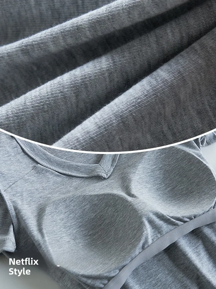 레이스레 세미 인티어티드 여성용 티셔츠 (내장 브라 포함) 얇고 편안한 홈웨어 여름 통기성 좋은 슬리밍