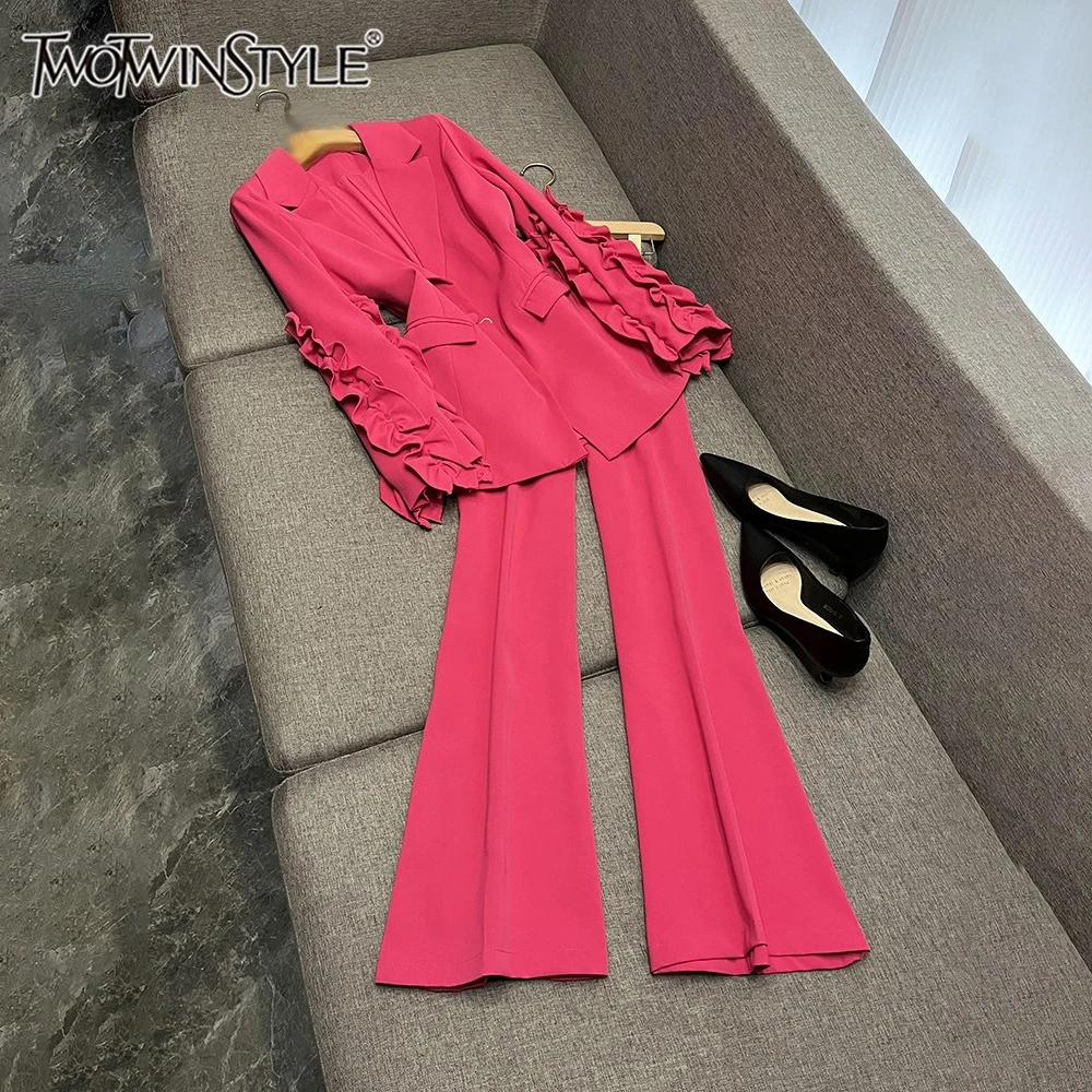 

TWOTWINSTYLE Trend Solid Slim Two Piece Sets For Women V Neck Long Sleeve Folds Top High Waist Pants Chic Set Female KJA507790