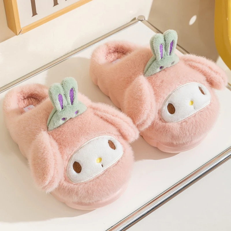 Genuine Sanrio My Melody Hello Kitty Plush Slippers Kuromi Warm Winter Indoor Slippers Flat Casual Non-slip Girl Home Shoes