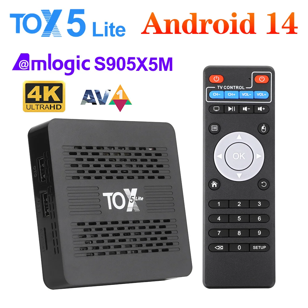 TOX5 Lite Android 14 Smart TV Box 2GB 32GB S905X5M Wifi 1000M LAN BT4.1 Support H.265 4K 60fps DLNA Media Player Set Top Box