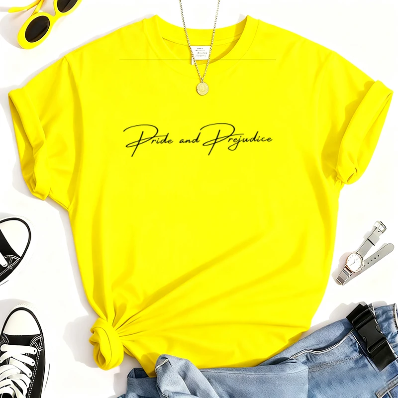 تي شيرت 100% من القطن الخالص بطباعة حروف بسيطة ورقبة دائرية، قميص كاجوال بأكمام قصيرة كل يوم لجميع المواسم، ملابس نسائية #4