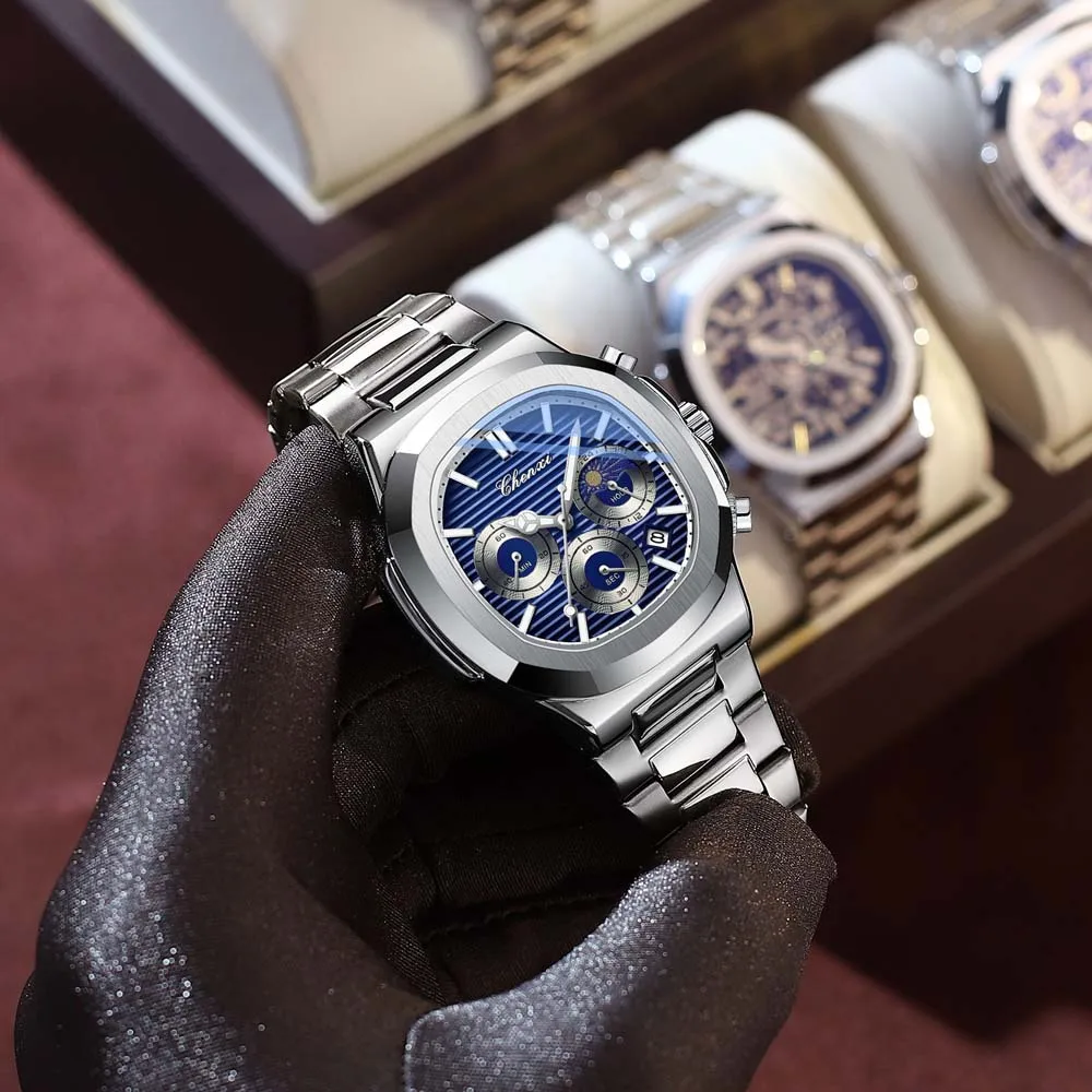 CHENXI Multifunctional Men's Watch Three Sub-dials Six Hands Calendar Moon Phase Chronograph Octagonal male Quartz Watch Reloj