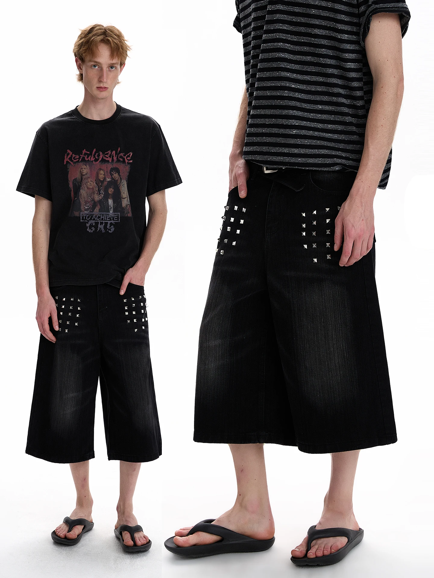 Calça Jeans Casual Unissex PUEE Street Retro com Rebites, Perna Larga Solta, Estilo Moderno para o Dia a Dia, Comprimento 7/8...