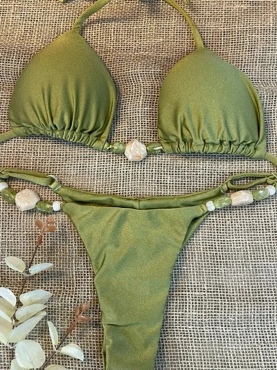 

Sexy Bikini Swimsuit 2025 New Pure Color Separate Ladies Swimming Costume Fem Swimwear Ele Faionable Beachwear