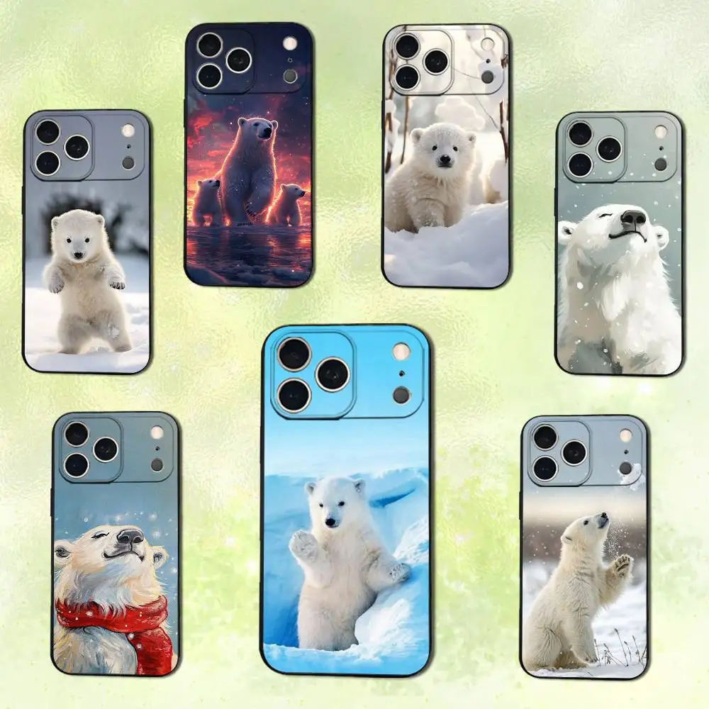Funda de teléfono con diseño de oso Polar para iPhone 14,13,17,12,11,16,15,Plus,Pro Max,XS,X,XR,SE,Mini,funda negra de silicona suave