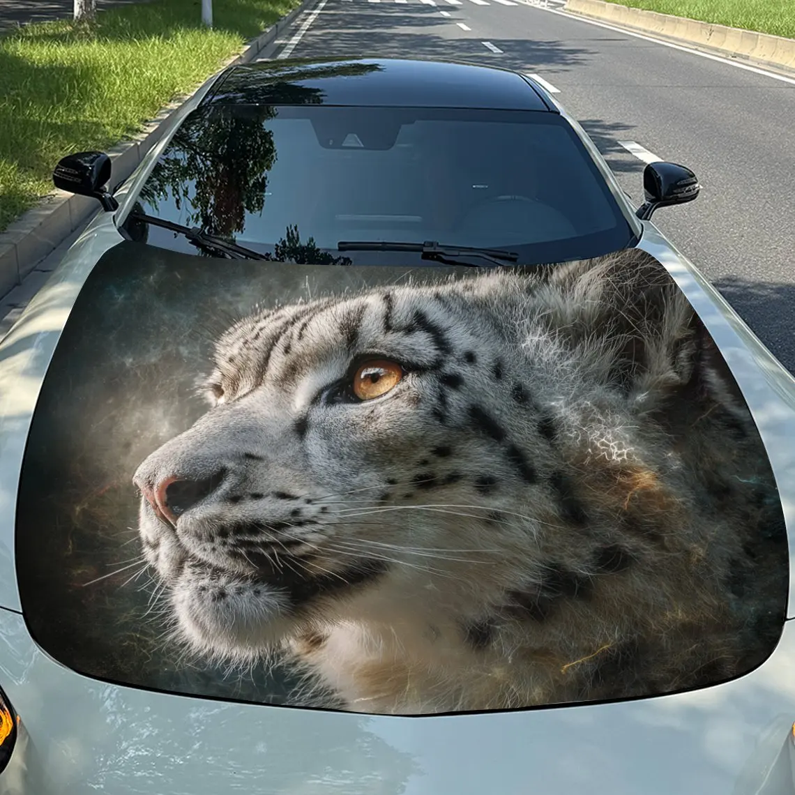 

Car Decals Realistic Snow Leopard with a Focus on Its Expressive Eye and Textured Fur Against a Subtle Backdrop Car Hood Sticker