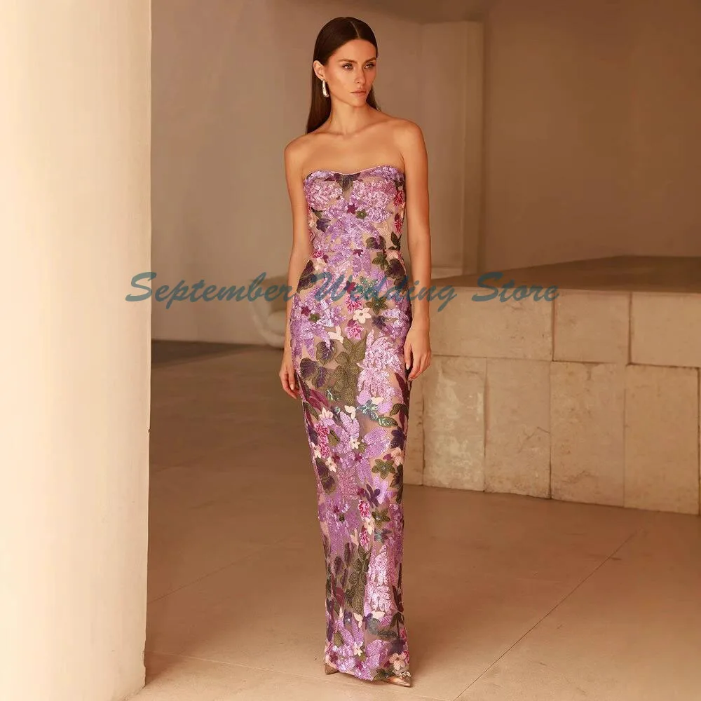 

Pretty Prom Party Evening Dresses Women Floor Length Strapless Sleeveless Floor Length Celebrity Female Gowns Flowers Mermaid
