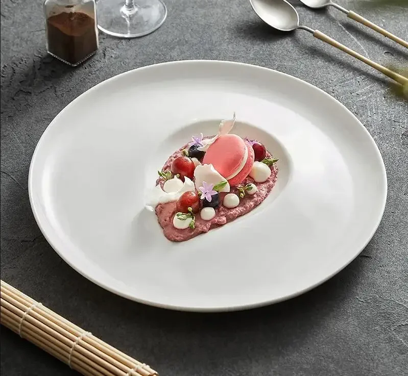 

White Steak Plate Party Dinner Salad Dessert Home Kitchen Ceramic Restaurant Main Dish Round Tableware