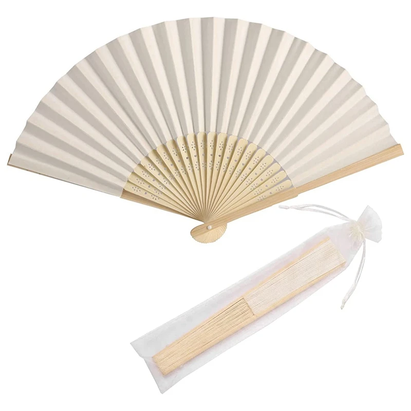 

50Pcs Paper Hand Fan Bamboo Handheld Folded Fan Decorative Paper Fan Wedding Party Favors (Cream)