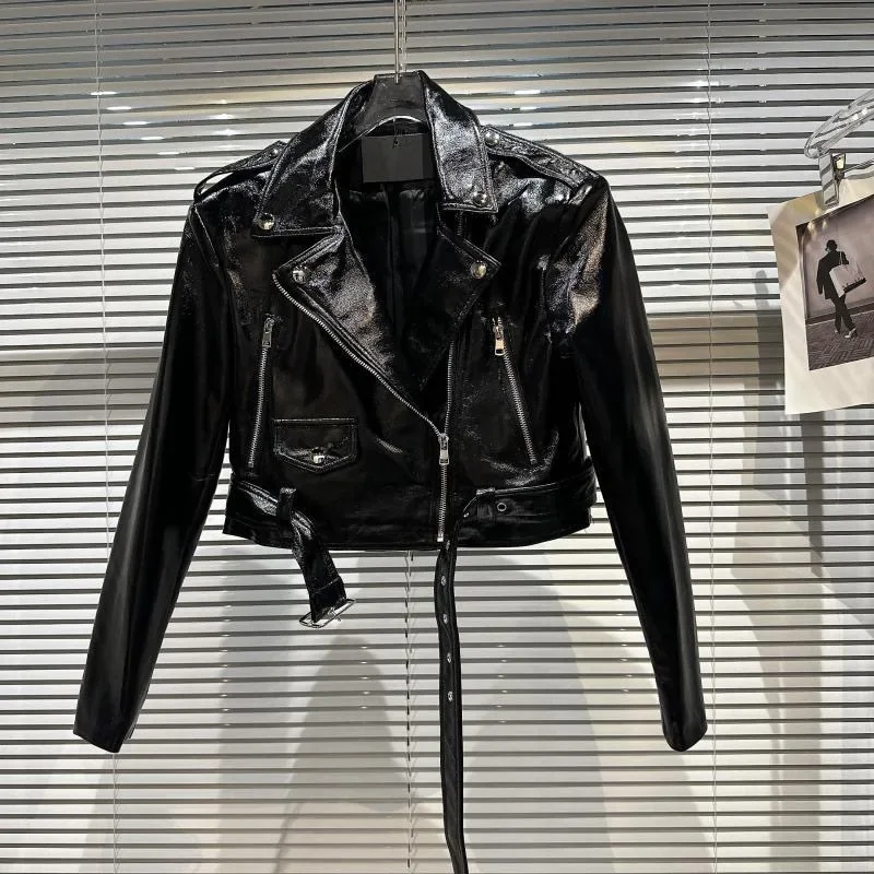 2-15 motorcycle Jackets for Girls Autumn 2023 PU Leather Coats Teen Children Tops Clothes Casual glossy patent Kids Outerwear