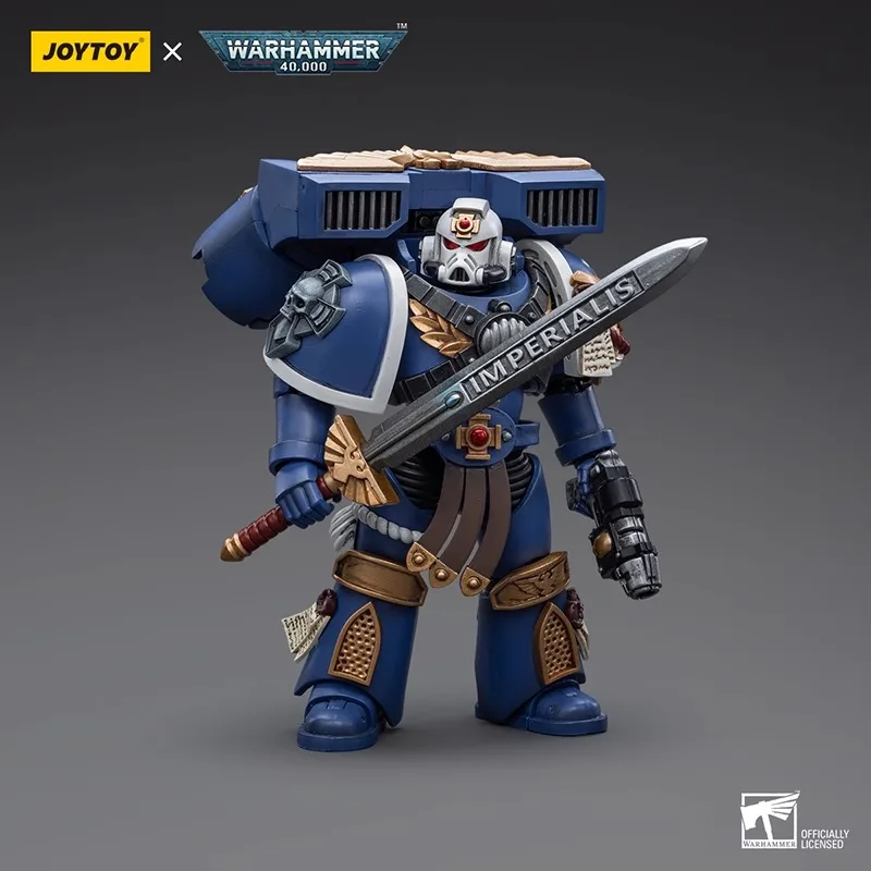 JOYTOY 1/18 Warhammer40k Ultramarines Vanguard Veteran with Chainsword Bolt Pistol Thunder Hammer Storm Shield Sergeant Model