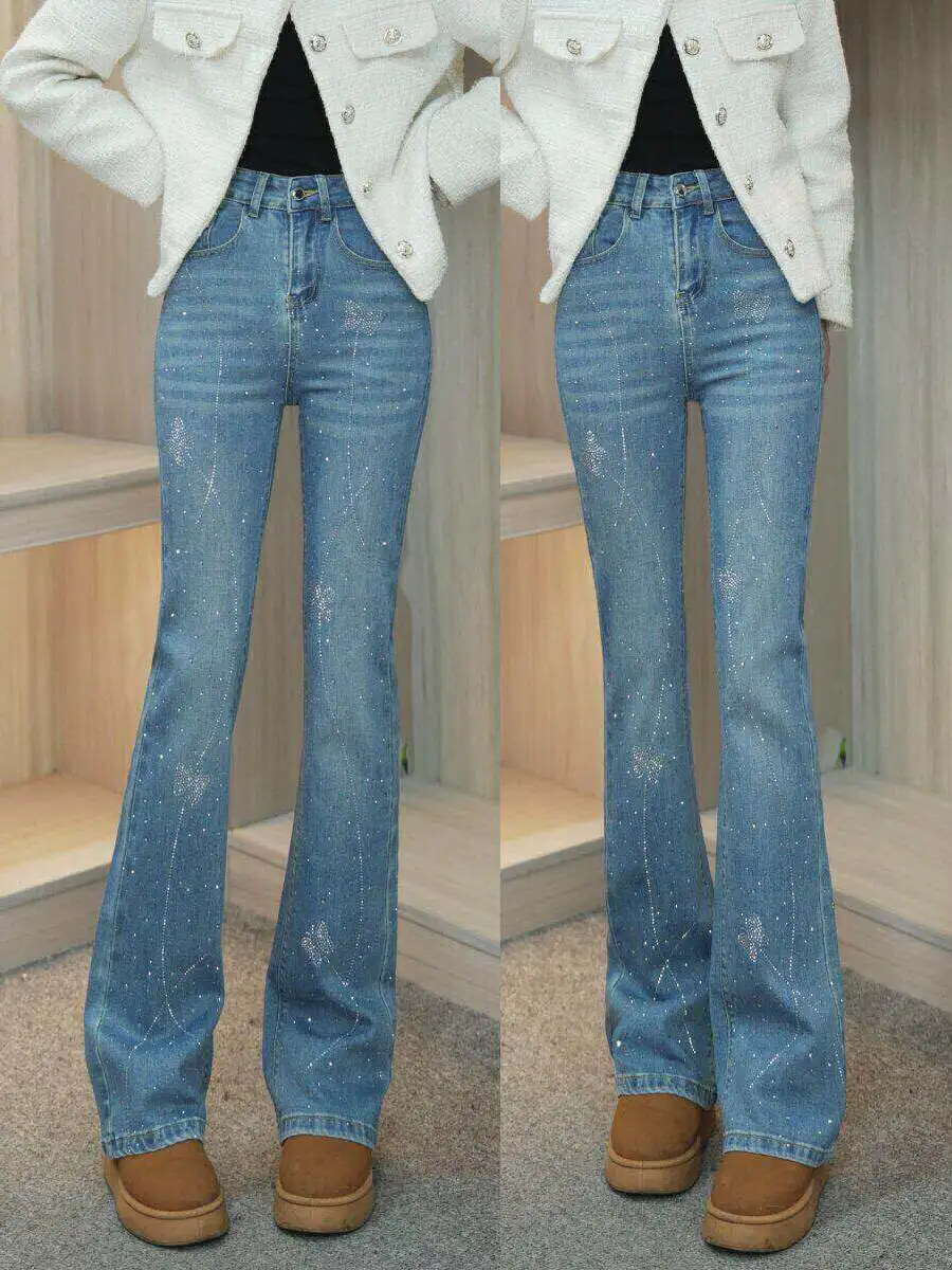 Spring New High Waist Versatile  Rhinestone Starfall Blue Design Sense Tight Micro Flare Elastic Women's Jeans