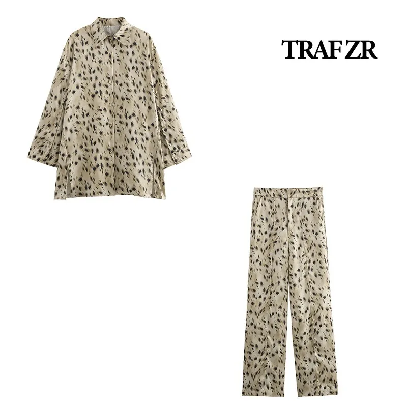 TRAF ZR Pants Set Woman Two Pieces Casual Elegant Vintage Leopard Print Sets Summer Long Sleeve Sets Women\'s Summer Suit Set