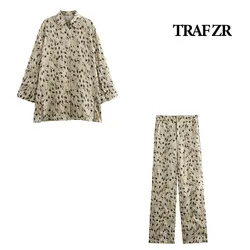 TRAF ZR Pants Set Woman Two Pieces Casual Elegant Vintage Leopard Print Sets Summer Long Sleeve Sets Women's Summer Suit Set