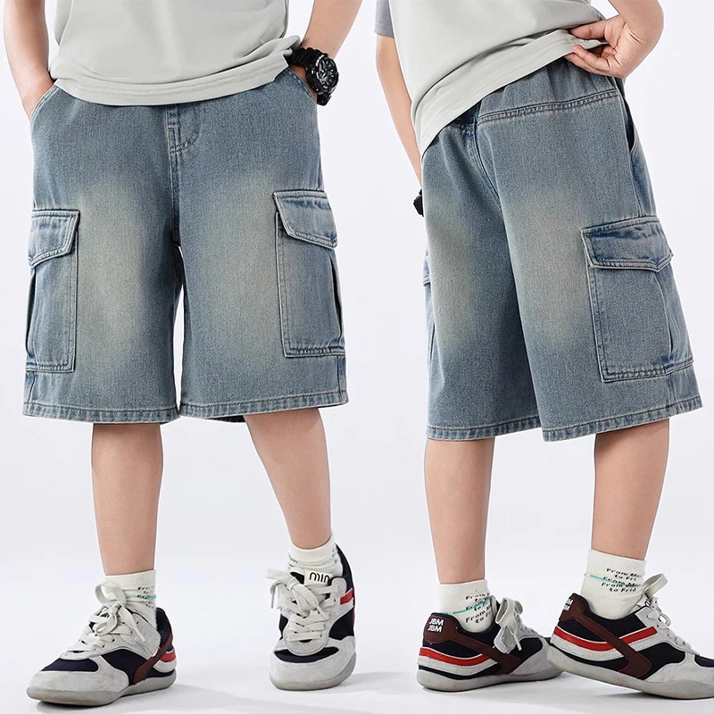 Summer Teen Boys Denim Shorts Fashion Solid Color Big Pocket Thin Jeans Pants For 4-14 Years Kids Children Casual Trousers